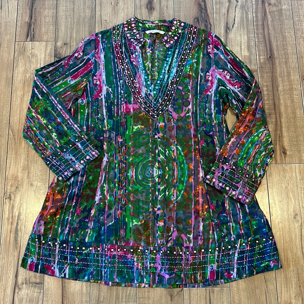 Soft Surroundings Multi Color watercolor Embroidered Tunic Boho Medium